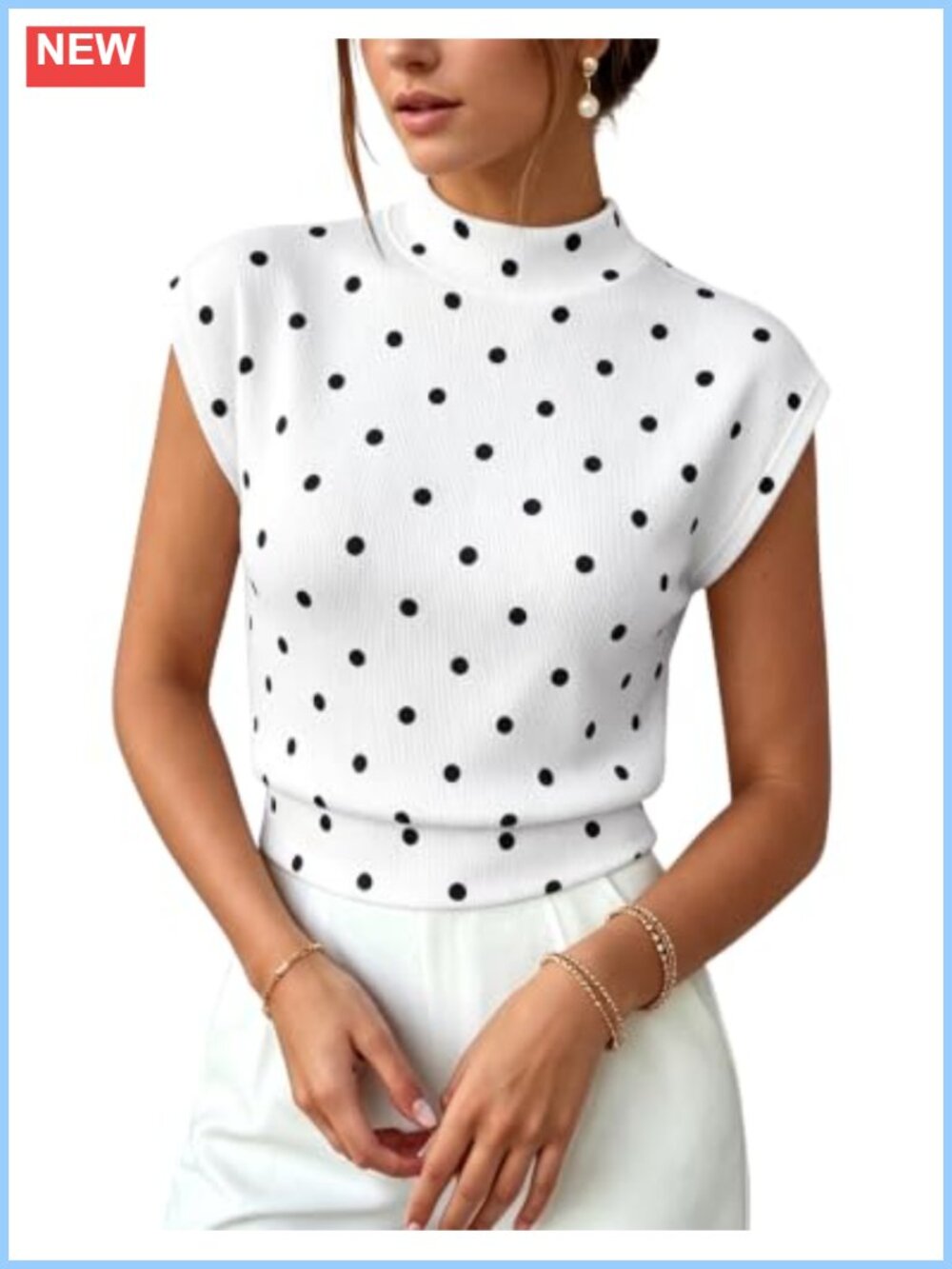 Cap Sleeve Polka Dot Mock Neck Ribbed Knit Pullover Top